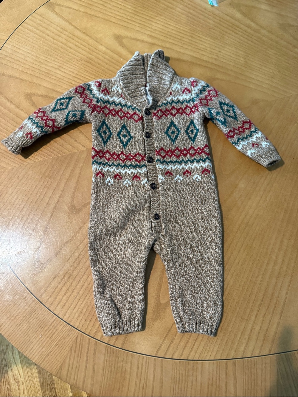 Cartier Beige Knit Fair Isle Baby One-Piece with Red and Teal Accents